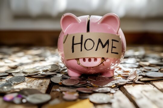 Fundraising for home renovation in a cozy living space with a piggy bank. Generative AI