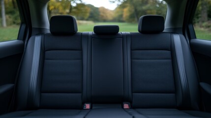 Interior view of a modern car's rear seat, set in a serene outdoor environment with trees