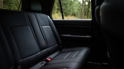 Interior view of a modern vehicle's backseat in a forest setting, showcasing leather upholstery