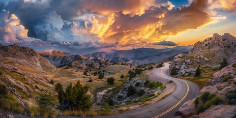 Naklejka premium A curvy road winds through the rocky mountains in sunset