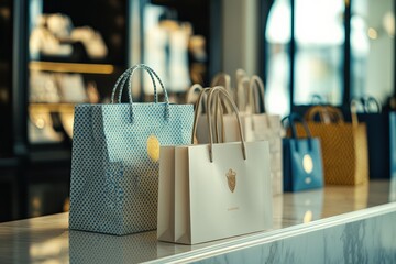 Designer shopping bags create a stylish display in a luxury boutique. Generative AI