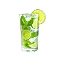 A refreshing drink featuring mint leaves and lime slices in a tall glass filled with clear liquid.