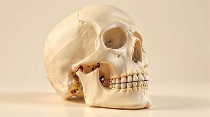 Detailed studio shot of a human skull, emphasizing its three-dimensional form and complex structure, ideal for anatomical studies or art projects