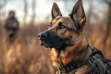 German shepherd dog wearing tactical vest and collar observing outdoors