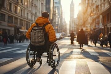 Obraz premium Young tourist exploring city street using wheelchair at sunset