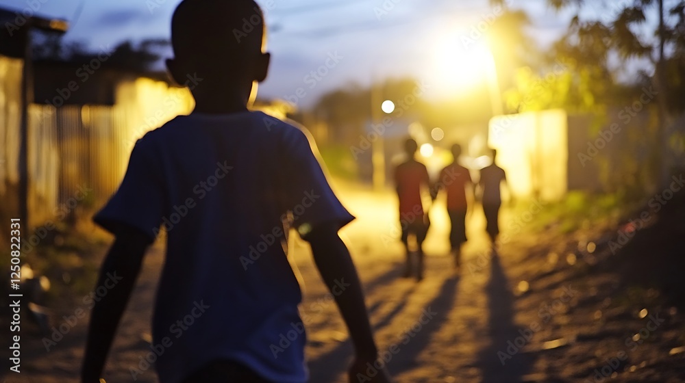 Poster Silhouetted figure of a child walking towards a glowing streetlight with friends creating a sense of adventure and camaraderie : Generative AI