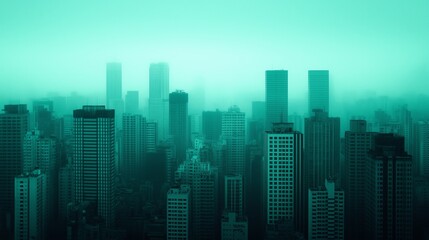 Fototapeta premium A serene city skyline with tall, modern skyscrapers shrouded in a misty turquoise hue. This atmospheric view captures the beauty of urban architecture and evokes tranquility.