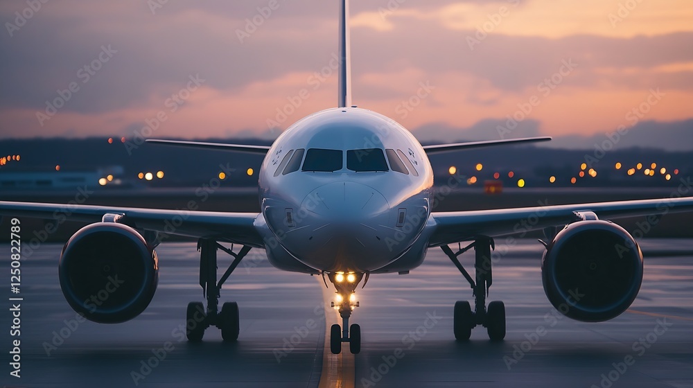 Poster Airplane on the runway with engines illuminated and city lights in the background creating an evening travel ambiance : Generative AI
