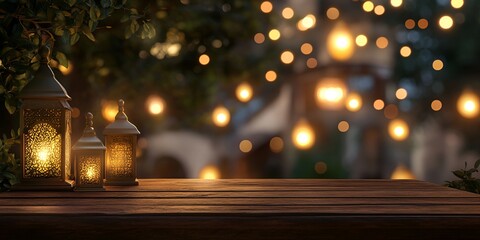 Photo of traditional Arabic lanterns on a wooden table with a blurred night background, in a Ramadan celebration mood. Copy space for text. bokeh background