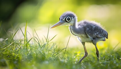 Fototapeta premium Grey Heron Chick In Green Grassland