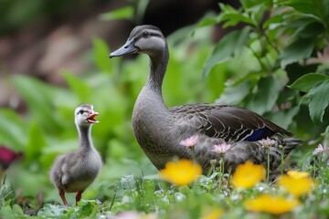 Obraz premium Duckling and mother walking in flowers