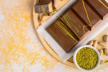 Chocolate bar filled with pistachio kunafa. Dubai chocolate