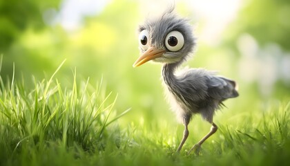 Naklejka premium Adorable Grey Bird Chick in Green Grass