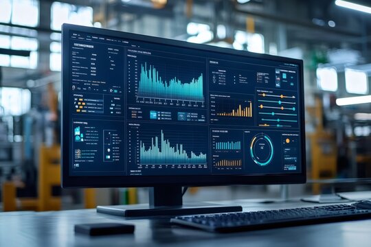 Modern automation software showing industrial factory production data on a computer screen