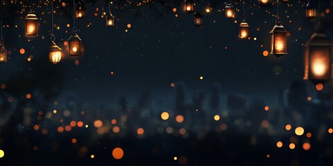 Obraz premium Ramadan background, in the color black, with ample copy space for text and graphics, high-definition, high-resolution, night lanterns, city lights in the distance. bokeh background