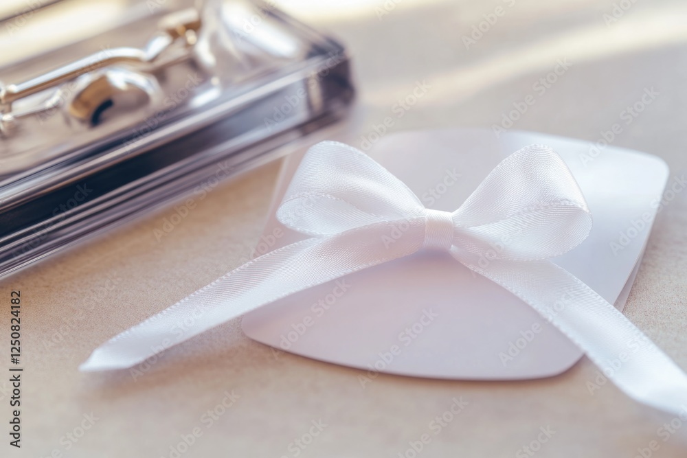 Poster a close-up view of a white bow resting on a white plate, ready to be used