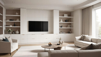 A Modern white living room interior with Built-in tv cabinet and Stylish sofa