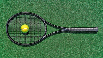 Tennis racket and ball on green court, overhead view