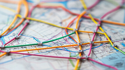 close up of colorful bus route map featuring vibrant lines and connections, showcasing complexity of urban transportation. intricate design highlights various routes and stops