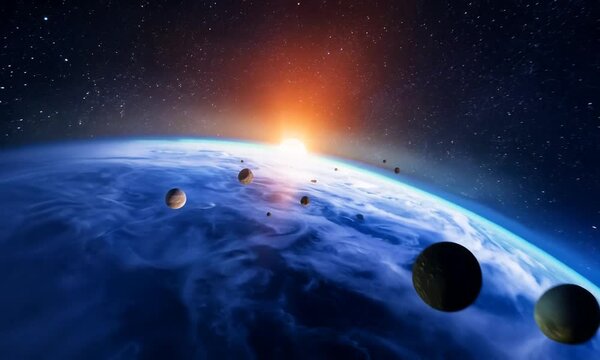 A dramatic scene in space showing a close-up view of an Earth-like planet with multiple moons orbiting around it. The video begins with a fast-motion blur, then slows down, revealing the cel