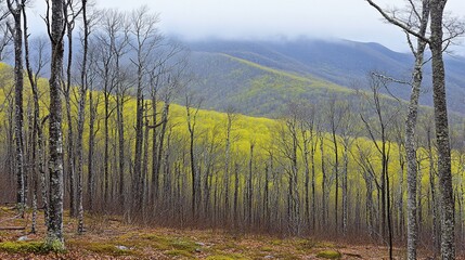 Spring forest scene, misty mountain ridge, trees in yellow, hiking