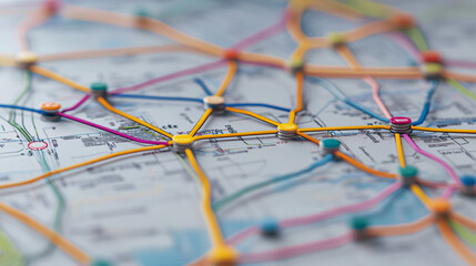 close up of bus route map featuring colorful lines and nodes, illustrating various routes and connections. vibrant colors enhance visual appeal of transportation network