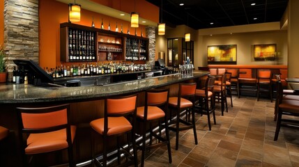 Upscale Restaurant Bar with Orange Accents and Modern Design