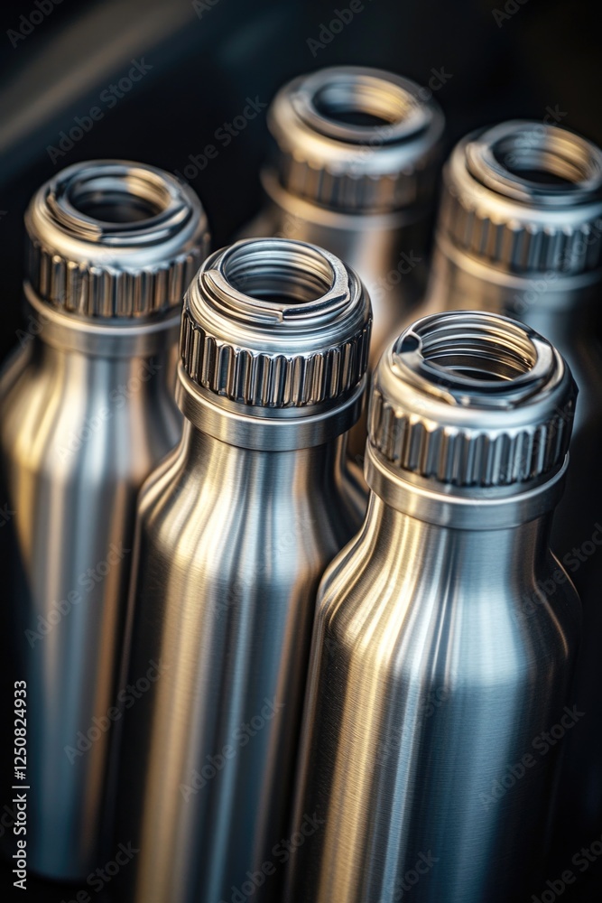 Poster a collection of metal bottles placed on a table surface