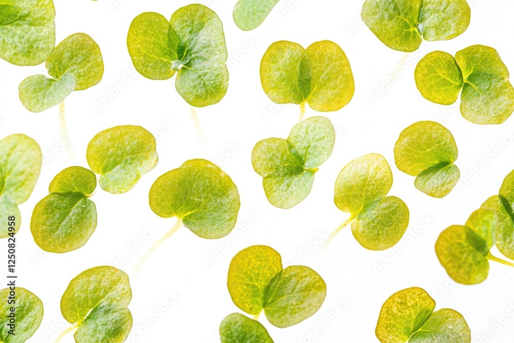 Poster A collection of green leaves arranged on a white surface, suitable for use in nature-inspired designs or as a background element