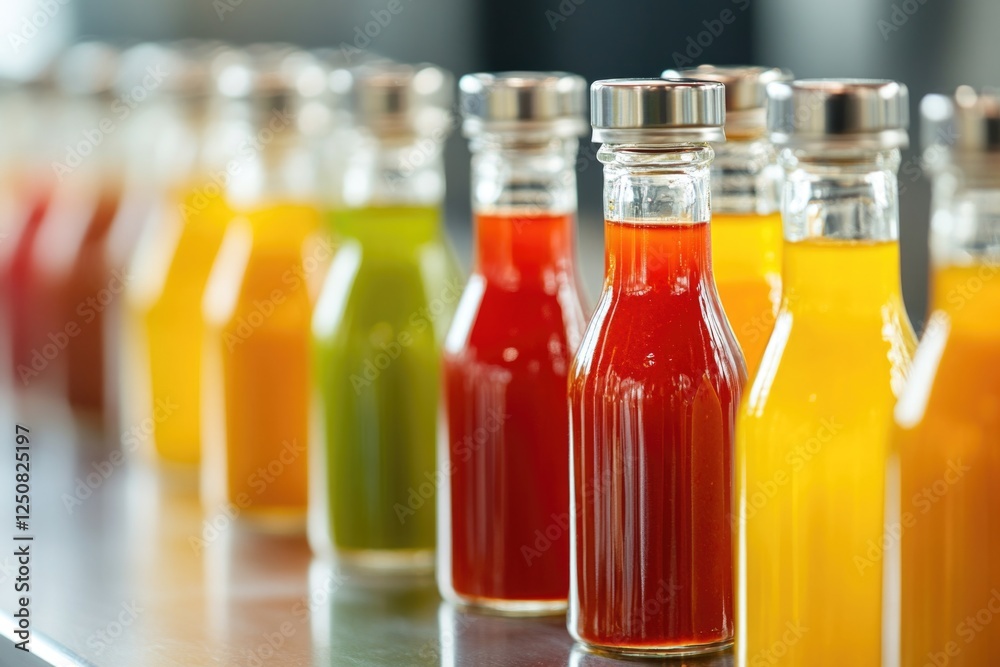 Poster row of bottles filled with variously colored liquids, useful for conceptual images and illustrations