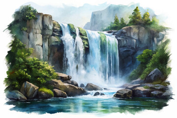 Beautiful waterfall scene, serene nature landscape, vibrant greenery, tranquil water flow, artistic watercolor style.