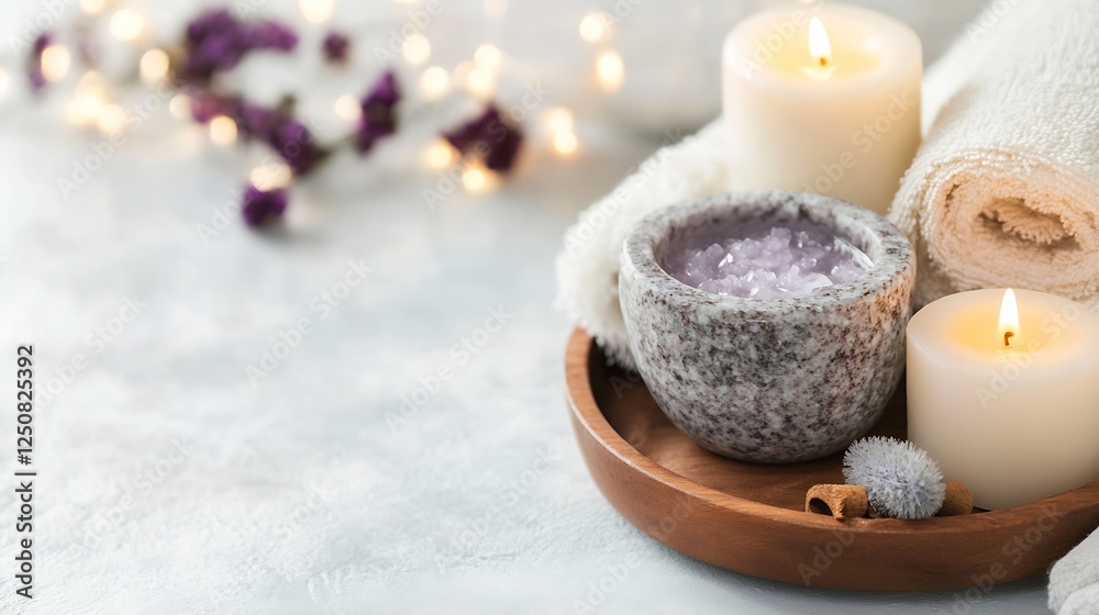 Aufkleber Relaxing spa scene with candles soft towels and bathing salts in a serene setting : Generative AI