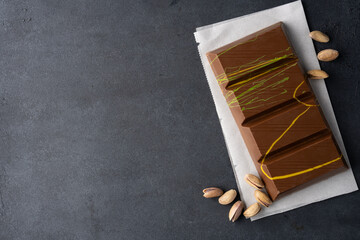 Chocolate bar filled with pistachio kunafa. Dubai chocolate