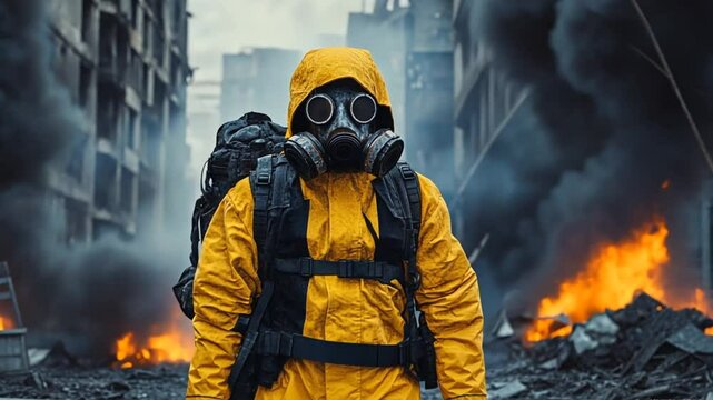 Man in a protective yellow suit and gas mask front of a burning destroyed city nuke war, Generative AI.
