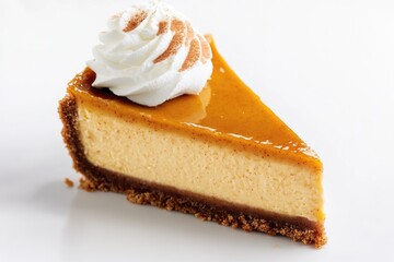 A slice of cheesecake with creamy topping, perfect for dessert or special occasion