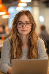 Young Professional Woman with Glasses Working at Laptop in Modern Office Setting