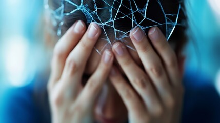 Woman holding her head in distress with a web of anxiety represented visually in a modern context : Generative AI