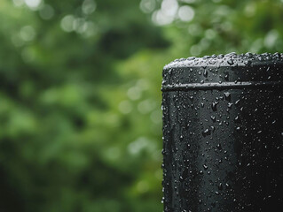 close up of solitary watering can covered in droplets, set against blurred green background, evokes sense of tranquility and connection to nature