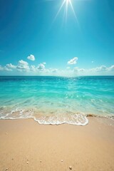 Sunlit sandy ocean floor stretches to distant horizon, pristine water , texture, wide, landscape