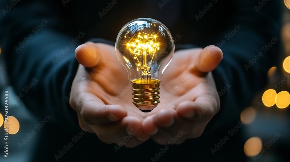 Poster Creative Concept of a Light Bulb with Sparkling Lights Held in Hands Symbolizing Ideas : Generative AI
