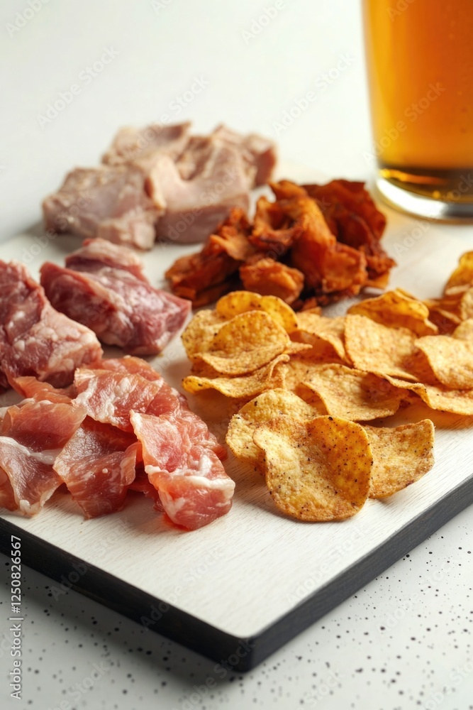 Poster a cutting board with chips and meat, perfect for snacking or serving at parties