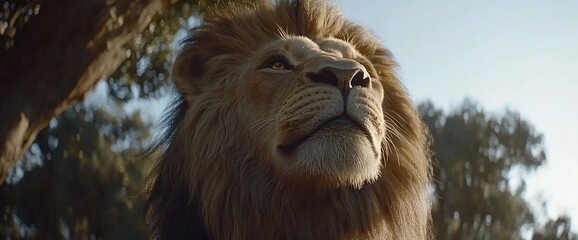 Fototapeta premium Majestic Lion Looking Up, Sunny Savannah Background, Wildlife