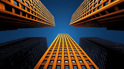 Urban Ascendancy: An upward perspective of imposing skyscrapers pierces the sky, their angular silhouettes contrasting with the vast expanse above, presenting a scene of urban dominance.
