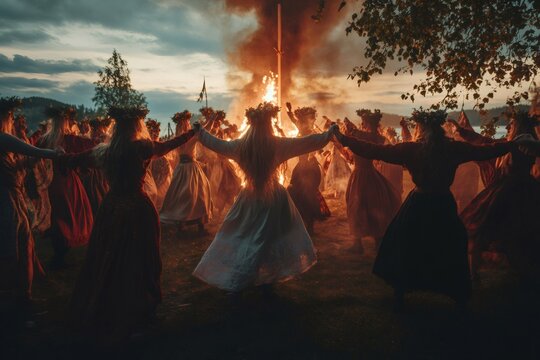 Traditional celebration with bonfire and dance rituals