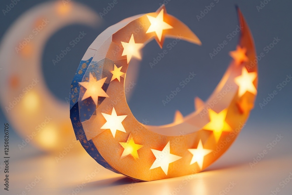 Poster A close-up view of a paper moon with stars printed on it, often used for creative projects and DIY crafts