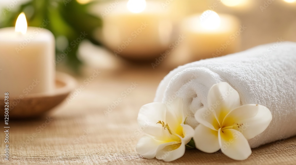 Poster Relaxing Spa Setting with White Towel Candles and Beautiful Fragrant Flowers for Serenity : Generative AI