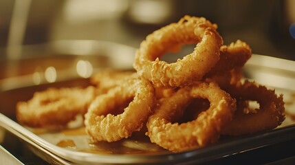 Fried calimari rings on tray with shot with selective focus