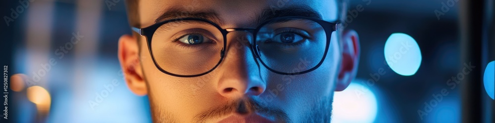 Poster a close-up shot of a person's face with glasses on, suitable for use in educational or professional 