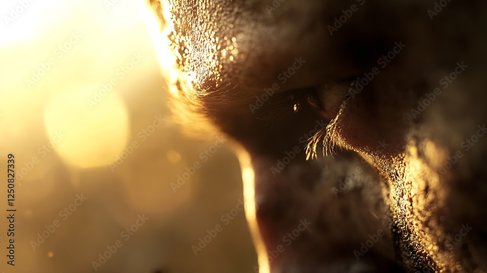 Aufkleber Intense profile view of a man's face illuminated by warm golden light showcasing deep emotions and textures : Generative AI