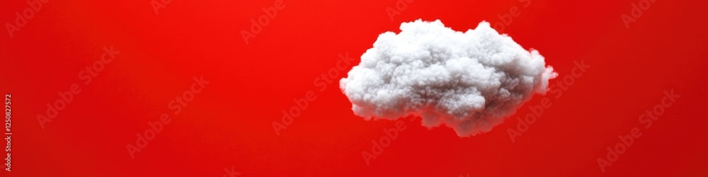 Poster a fluffy white cloud made of cotton fibers floating on a bright red background